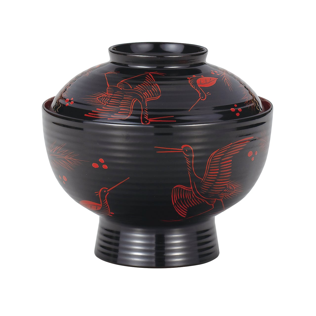 雑煮椀 平筋黒内朱塗 蓬莱山絵 【サイズ：直径13.8cm 高さ9.0cm